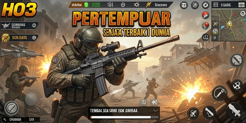 Antarmuka permainan HO3 menampilkan peta pertempuran yang mendetail.