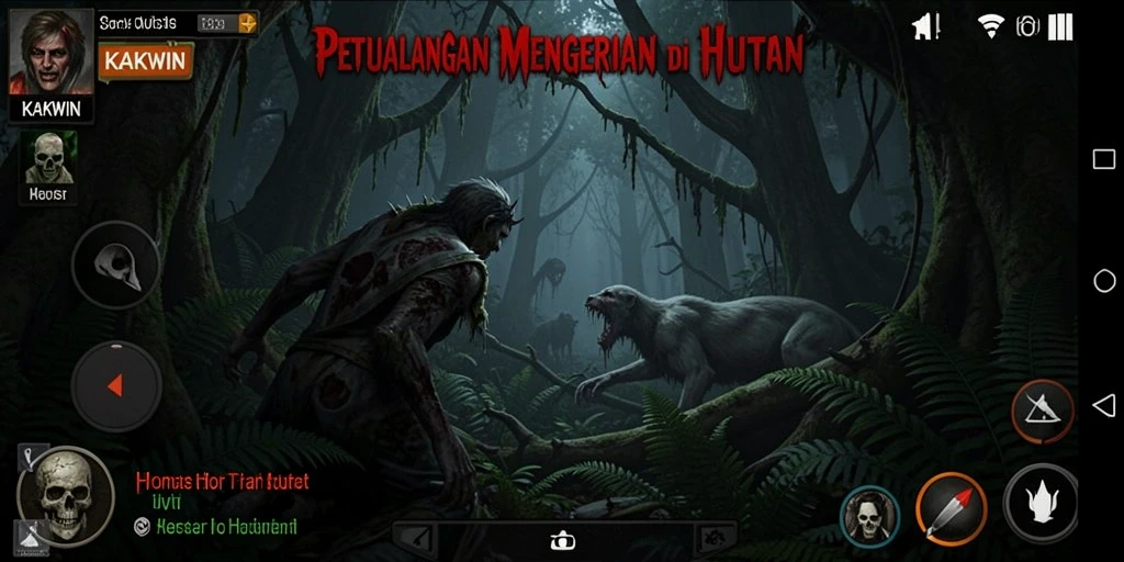 Tampilan interaktif menegangkan dalam KAKWIN di hutan kegelapan.